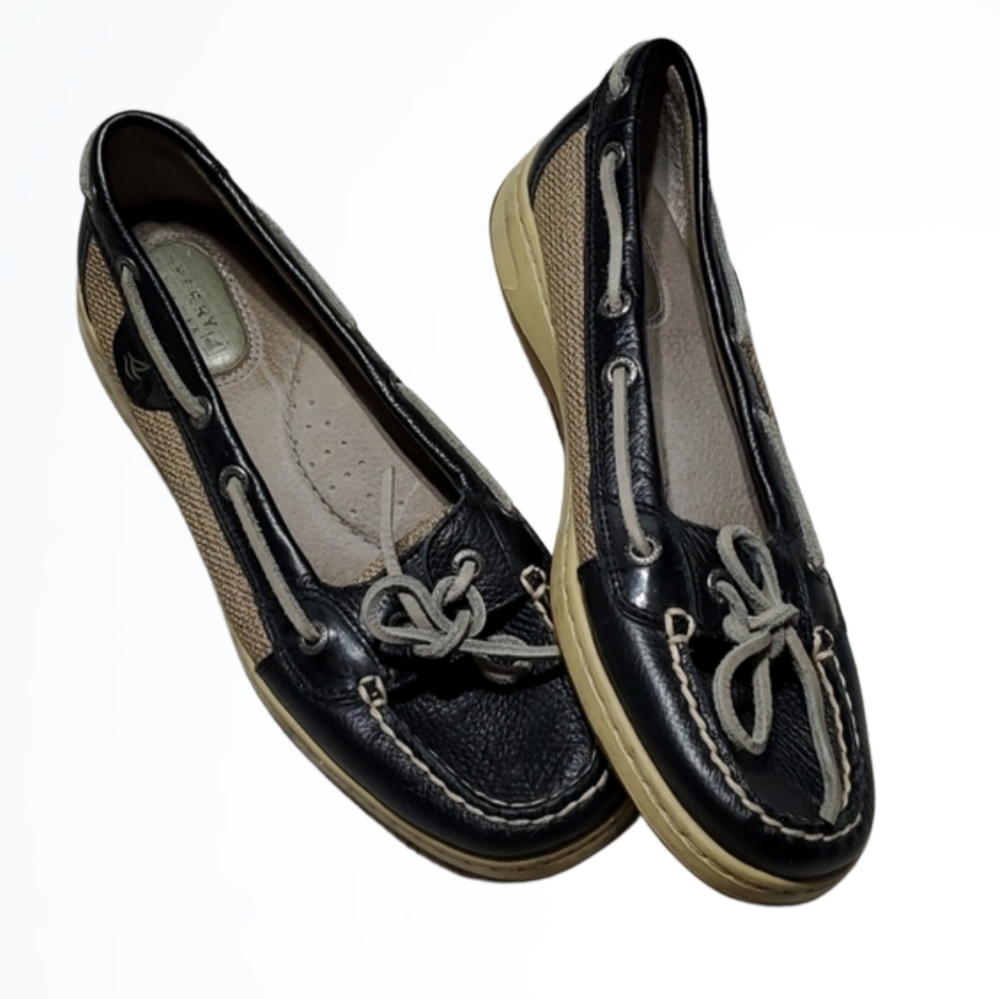 Sperry Womens Top Sider Black and Grey Leather Loafer Flat Shoe Size 7.5
